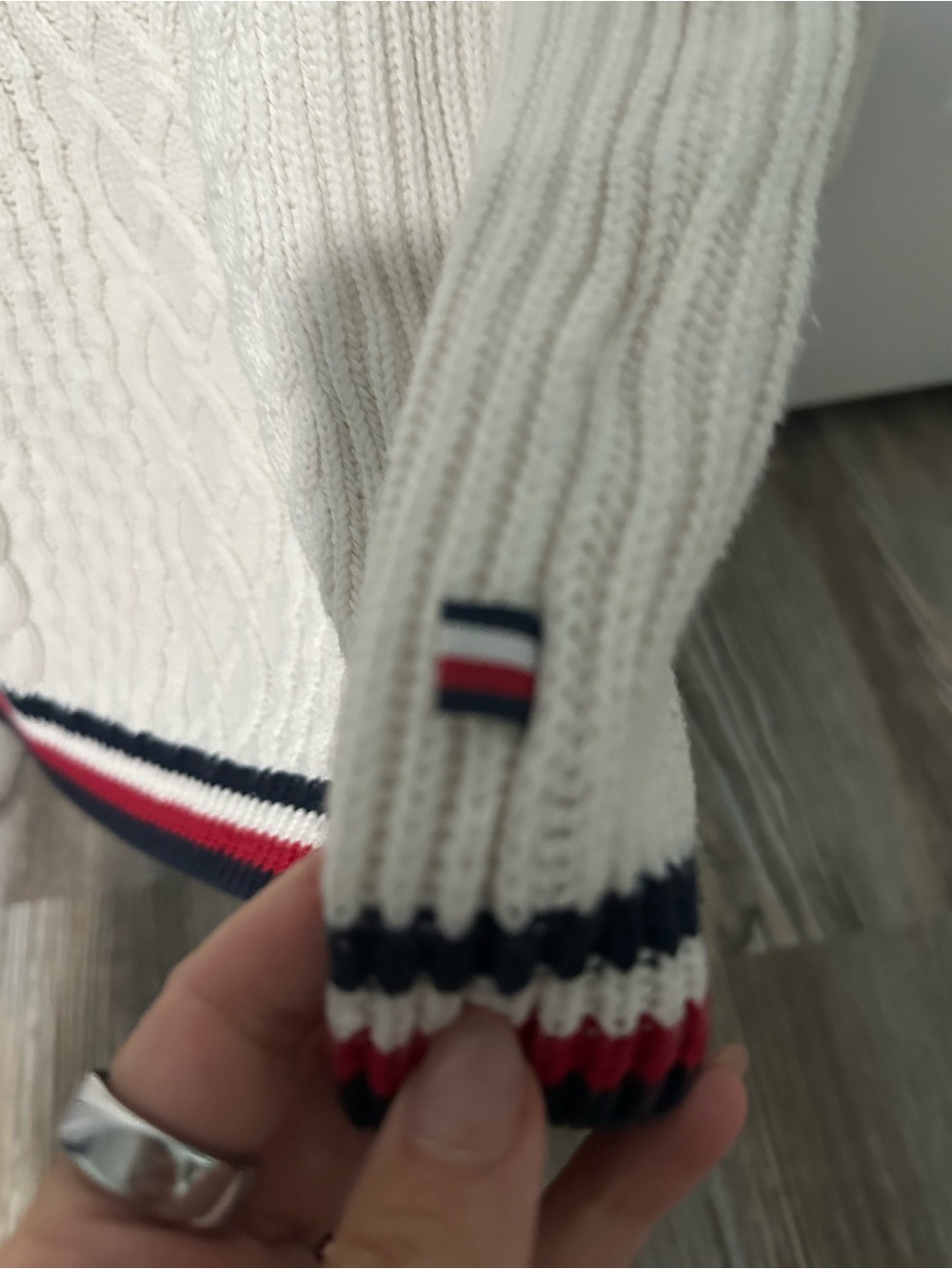 Tommy Hilfiger Cream Cable-Knit Sweater with Navy & Red Stripe Accents - Picture 2 of 5